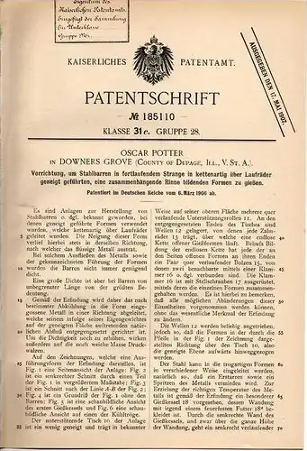 Original Patentschrift - O. Potter in Downers Grove , County of Dupage , 1906 , Apparat zum Gießen von Stahl !!!