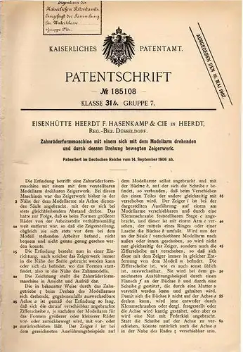 Original Patentschrift - F. Hasenkamp & Cie in Heerdt b. Düsseldorf , 1906 , Formmaschine für Zahnräder , Zahnrad !!!