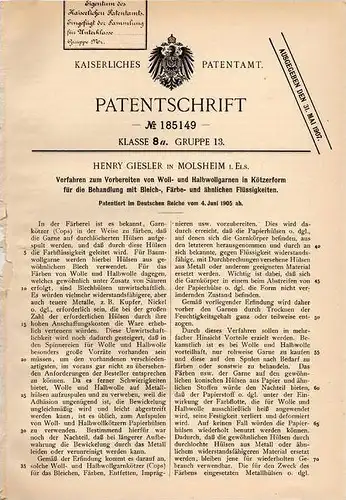 Original Patentschrift - Henry Giesler in Molsheim i. Elsass , 1905 , Wollgarne zum Bleichen und Färben , Wolle  !!!