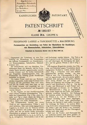 Original Patentschrift - F. Laissle in Tangerhütte b. Magdeburg , 1906 , Maschine für Riemenscheiben und Zanhräder !!!