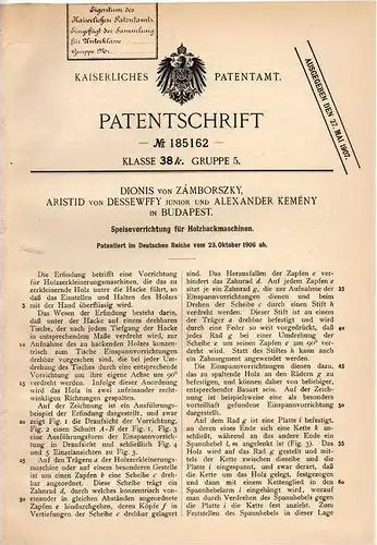 Original Patentschrift - D. von Zámborszky und A. von Dessewffy in Budapest , 1906 , Holzhackmaschine !!!
