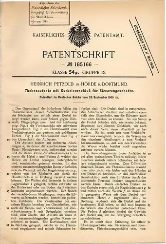 Original Patentschrift - H. Petzold in Hörde b. Dortmund , 1905 , Theke für Eßwarengeschäft , Lebensmittel !!!