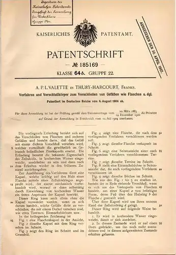 Original Patentschrift - A. Valette in Thury-Harcourt , 1904 , Verschluß für Gefäße und Flaschen !!!