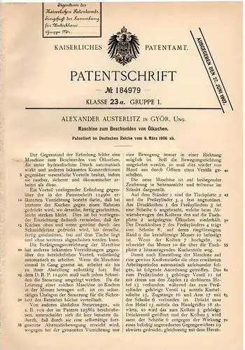 Original Patentschrift - A. Austerlitz in Györ , Ungarn , 1906 , Maschine für Ölkuchen , Kuchen !!!