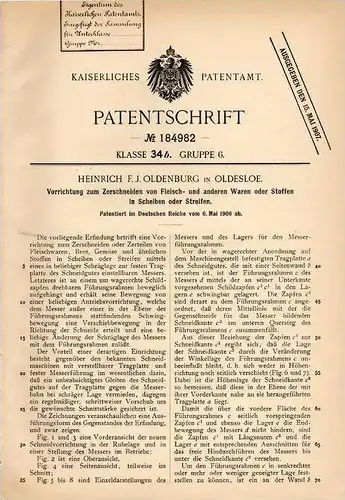 Original Patentschrift - H. Oldenburg in Oldesloe , 1906 , Apparat zum Schneiden von Fleisch in Scheiben oder Streifen !