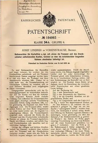 Original Patentschrift - J. Lindner in Vohenstrauß i. Bayern , 1906 , Reibmaschine für Kartoffeln !!!