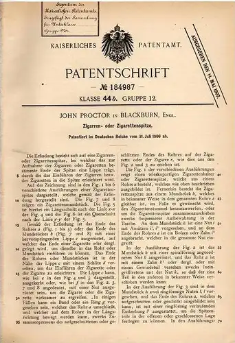 Original Patentschrift - J. Proctor in Blackburn , England , 1906 , Spitze für Cigarre oder Zigarette , Cigar !!!