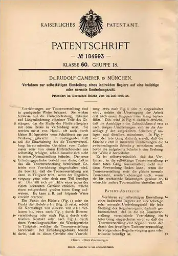 Original Patentschrift - Dr. Rudolf Camerer in München , 1905 , Umdrehungszahleinstellung für Regler !!!