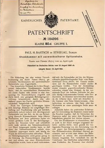 Original Patentschrift - Paul H. Bartsch in Striegau i. Schlesien , 1906 , Stockhammer mit Spitzenbahn !!!