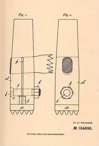 Original Patentschrift - Paul H. Bartsch in Striegau i. Schlesien , 1906 , Stockhammer mit Spitzenbahn !!!