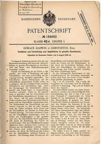 Original Patentschrift - Horace Darwin in Chesterton , England , 1905 , Apparat zum Registrieren in Koordinaten !!!