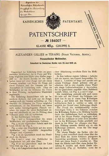 Original Patentschrift - A. Gillies in Terang , Victoria , Australia , 1905 , pneumatischer Melkbecher , Melken , Kuh !