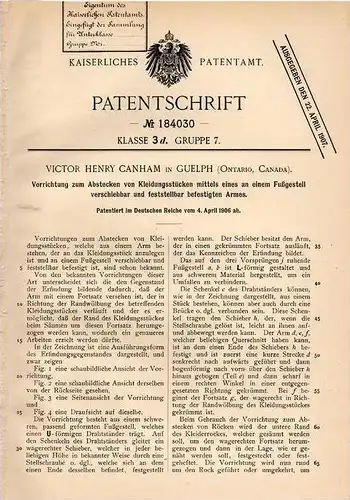 Original Patentschrift - V. Canham in Guelph , Ontario , 1906 , Abstecken von Kleidung , Schneiderei , Schneider !!!