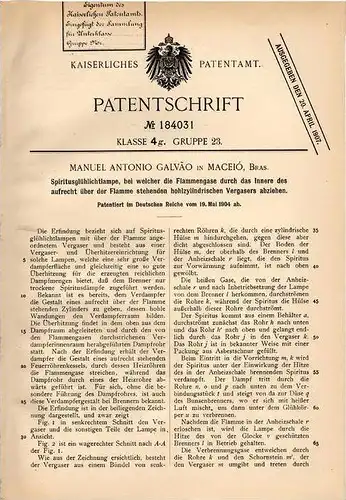 Original Patentschrift - M. Galvao in Maceio , Brasilien , 1904 , Spiritus - Glühlichtlampe mit Vergaser !!!