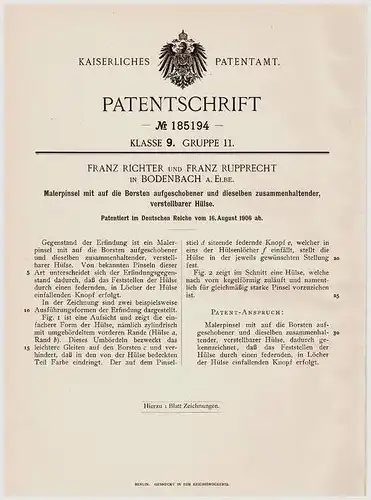 Original Patentschrift - F. Rupprecht in Bodenbach a. Elbe , 1906 , Malerpinsel , Pinsel , Maler !!!