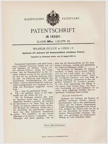 Original Patentschrift - W. Flügge in Greiz i.V. , 1906 , Sparkasse mit Namensschildern , Schließfach , Bank !!!