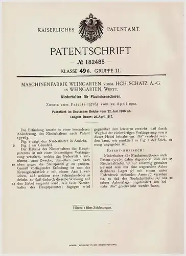 Original Patentschrift - Maschinenfabrik in Weingarten i. Württemberg , 1906 , Niederhalter für Flacheisenscheren !!!