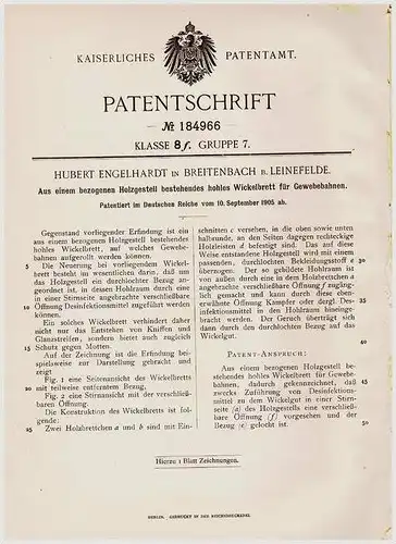 Original Patentschrift - H. Engelhardt in Breitenbach b. Leinefelde , 1905 , Wickelbrett für Gewebebahnen !!!