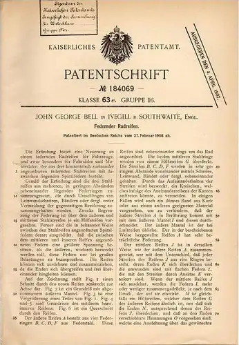 Original Patentschrift - J. Bell in Ivegill b. Southwaite , England , 1906 , Federnder Radreifen , Reifen mit Federung !