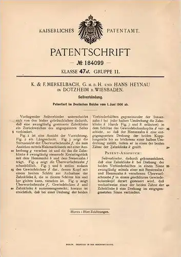 Original Patentschrift - K. Merkelbach GmbH in Dotzheim b. Wiesbaden , 1906 , Seilverbidung !!!