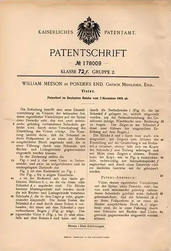 Original Patentschrift - W. Meeson in Ponders End in England , 1905 , Visier !!!
