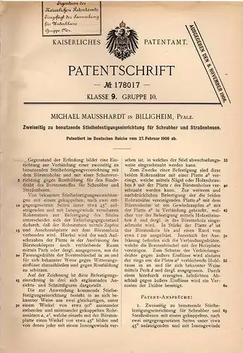 Original Patentschrift - M. Mausshardt in Billigheim , Pfalz , 1906 , Besen und Schrubber - Stielbefestigung !!!