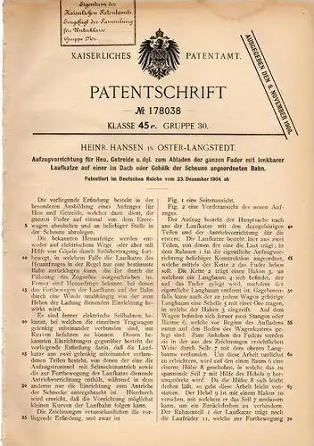 Original Patentschrift - H. Hansen in Oster - Langstedt , 1904 , Aufzug für Heu und Getreide in Scheune , Tenne !!!