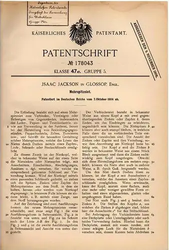 Original Patentschrift - Isaac Jackson in Glossop , 1904 , Mehrspreizniet , Niet für Tornister , Sattlerei !!!