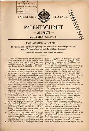 Original Patentschrift - Paul Martiny in Sorau , Niederlausitz , 1905 , Speiseapparat für niedrige Spannung mit Strom