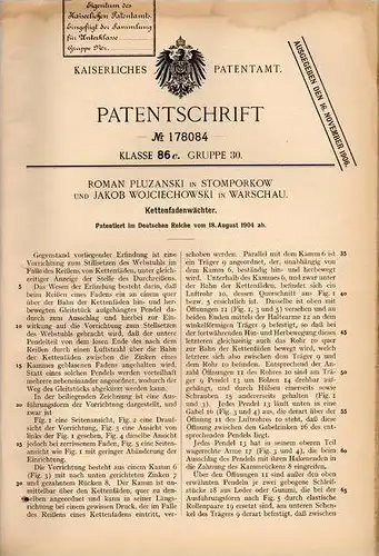 Original Patentschrift - R. Pluzanski in Stomporkow , 1904 , Kettenfadenwächter für Webstuhl , Weberei!!!