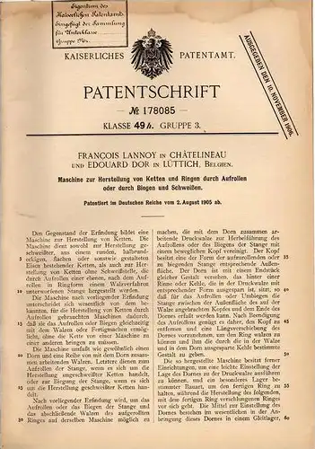 Original Patentschrift - F. Lannoy in Chatelineau und Lüttich , 1905 , Maschine für Ketten und Ringe !!!