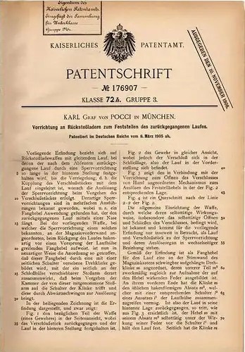 Original Patentschrift - Karl Graf von Pocci in München , 1905 , Lauffeststeller für Pistole , Rückstoßlader , Gewehr !!