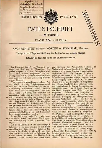 Original Patentschrift - N. Stein , genannt Nordini in Stanislau ,1905, Turngerät für Muskulatur - Stärkung , Kraftsport