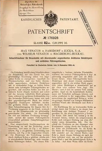 Original Patentschrift - M. Venator in Ramsdorf b. Lucka S.-A., 1904 , schachttrockner für Braunkohle , Tagebau !!!