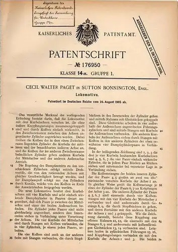 Original Patentschrift - Cecil Paget in Sutton Bonnington , England , 1905 , Lokomotive , Lok , Train !!!