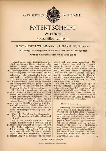 Original Patentschrift - E. Weidemann in Liebenburg , Hannover , 1905 , Apparat zum homogenisieren von Milch !!!