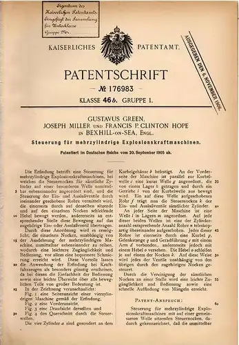 Original Patentschrift - G. Green in Bexhill on Sea , 1905 , Steuerung für Explosionskraftmaschinen !!!