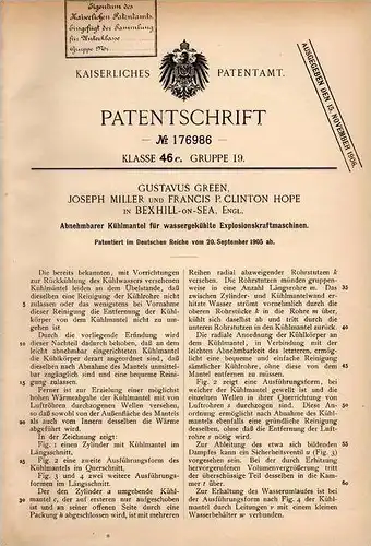 Original Patentschrift - G. Green in Bexhill on Sea , 1905 , Kühlmantel für Explosionskraftmaschinen !!!