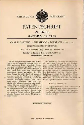 Original Patentschrift - C. Florstedt in Ellerhoop b. Tornesch i. Holstein , 1905 , Düngerstreumaschine , Landwirtschaft