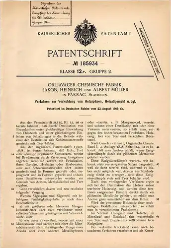 Original Patentschrift - Chemische Fabrik , J. Müller in Pakrac , 1905 , Verkohlung vonn Holzspähnen und Sägemehl !!!