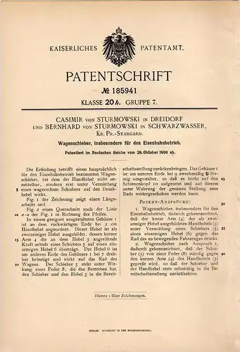 Original Patentschrift - C. von Sturmowski in Dreidorf und Schwarzwasser , 1906 , Wagenschieber für Eisenbahn !!!