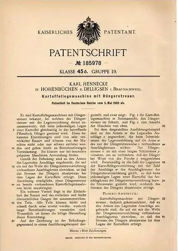 Original Patentschrift - K. Hennecke in Hohenbüchen b. Delligsen i. Braunschweig , 1906 , Kartoffellegemaschine  !!!