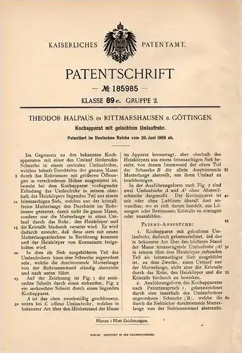 Original Patentschrift - Th. Halpaus in Rittmarshausen - Gleichen b. Göttingen , 1906 , Kochapparat mit Umlaufrohr !!!