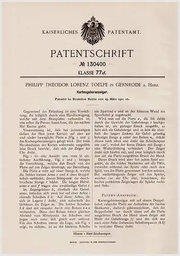 Original Patentschrift - Ph. Toelpe in Gernrode a. Harz , 1901 , Gartengeber für Skat , Kartenspiel !!!