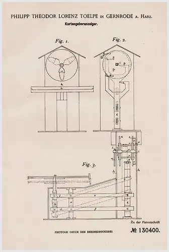 Original Patentschrift - Ph. Toelpe in Gernrode a. Harz , 1901 , Gartengeber für Skat , Kartenspiel !!!