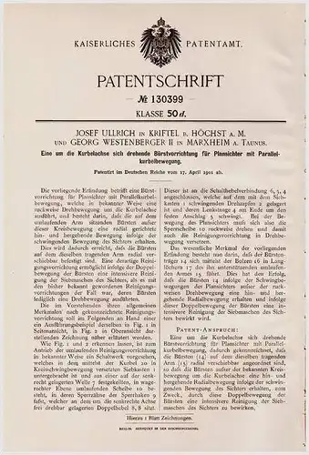 Original Patentschrift - J. Ullrich in Kriftel b. Höchst a.M. und Marxheim a.T., 1901 , Bürstapparat für Plansichter !!!