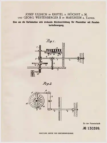 Original Patentschrift - J. Ullrich in Kriftel b. Höchst a.M. und Marxheim a.T., 1901 , Bürstapparat für Plansichter !!!