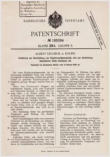 Original Patentschrift - A. Lecoeur in Rouen , 1906 , künstliche Seide aus Kupferoxydammoniak !!!