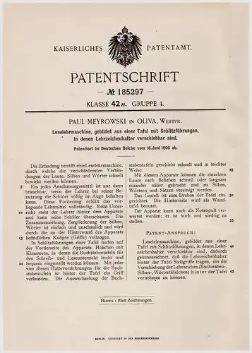 Original Patentschrift - P. Meyrowski in Oliva , Westpr., 1906, Leselehrmaschine , Lesen , Unterricht , Schule , Deutsch