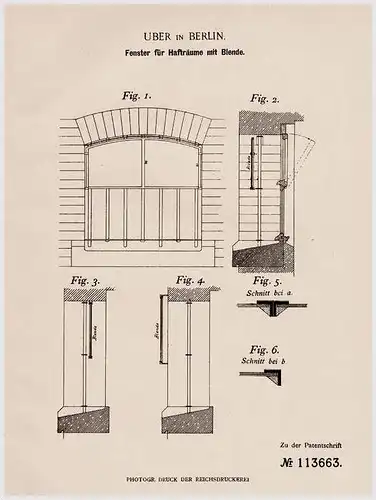 Original Patentschrift - Fenster für Gefängnis , Haftanstalt , 1899 , H. Uber in Berlin , Haft , Knast , Festung !!!